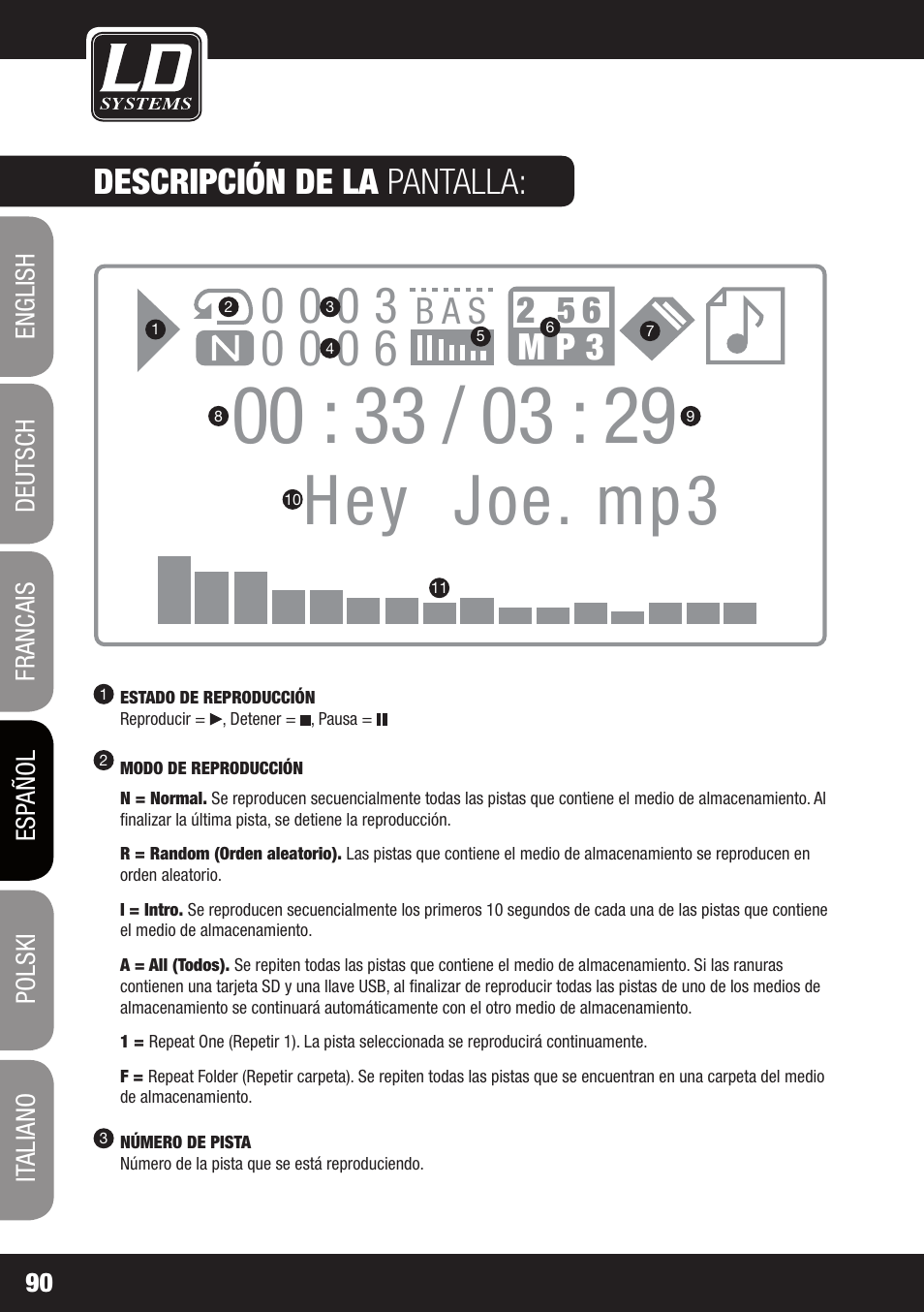 Hey joe. mp3, B a s 2 5 6 m p 3, Descripción de la pantalla | LD Systems ROADJACK 10 User Manual | Page 90 / 160