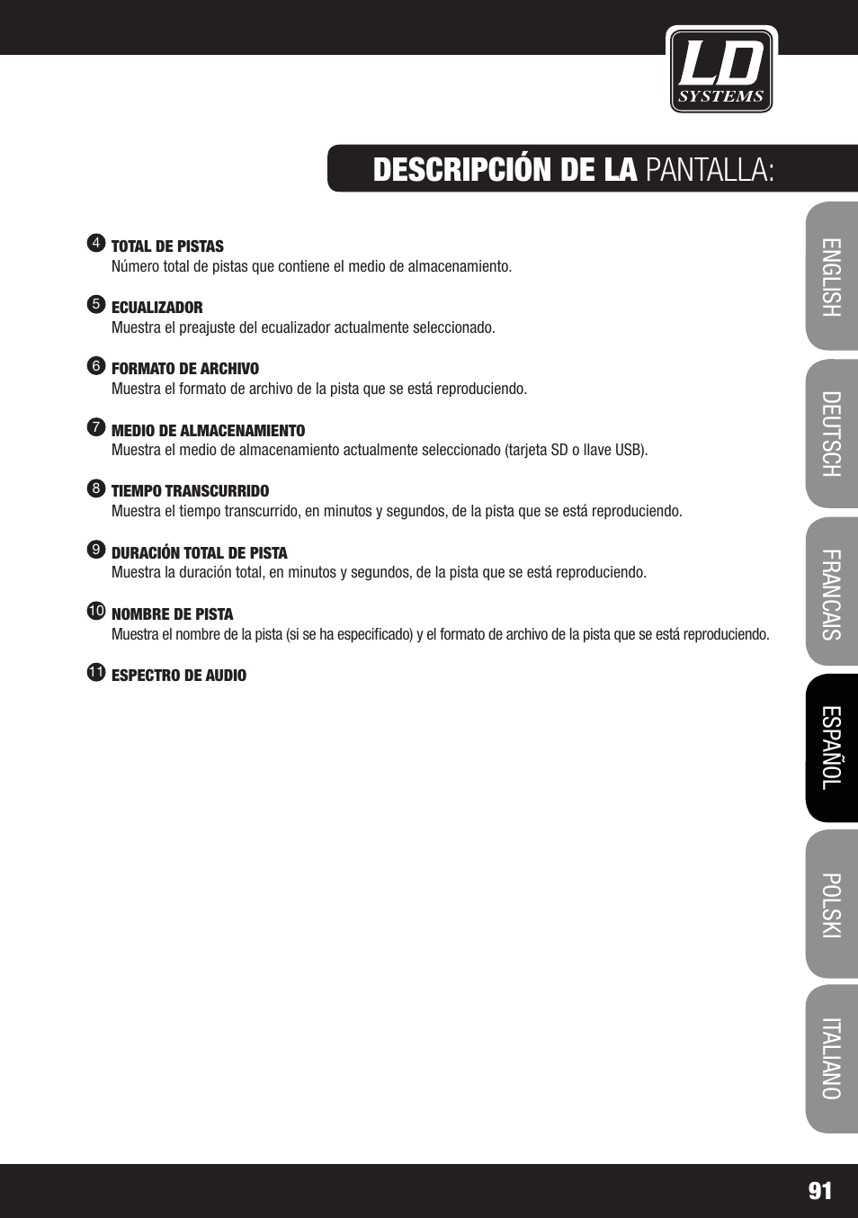 Descripción de la pantalla | LD Systems ROADJACK 10 User Manual | Page 91 / 160