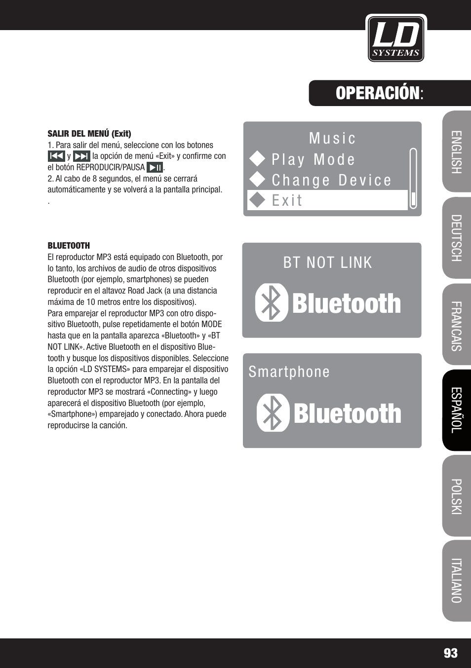 Bluetooth, Operación | LD Systems ROADJACK 10 User Manual | Page 93 / 160