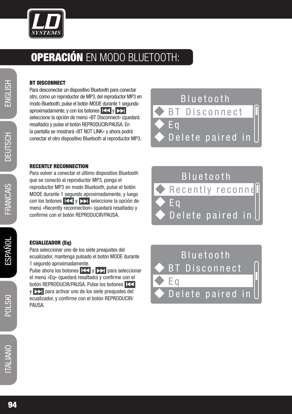 Operación en modo bluetooth | LD Systems ROADJACK 10 User Manual | Page 94 / 160