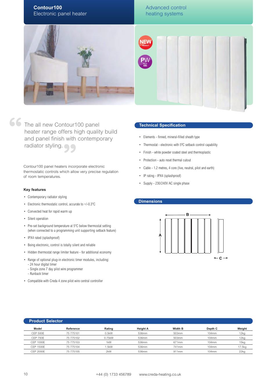 Contour100 electronic panel heater, Advanced control heating systems | Creda Advanced Control Heating Systems User Manual | Page 3 / 14