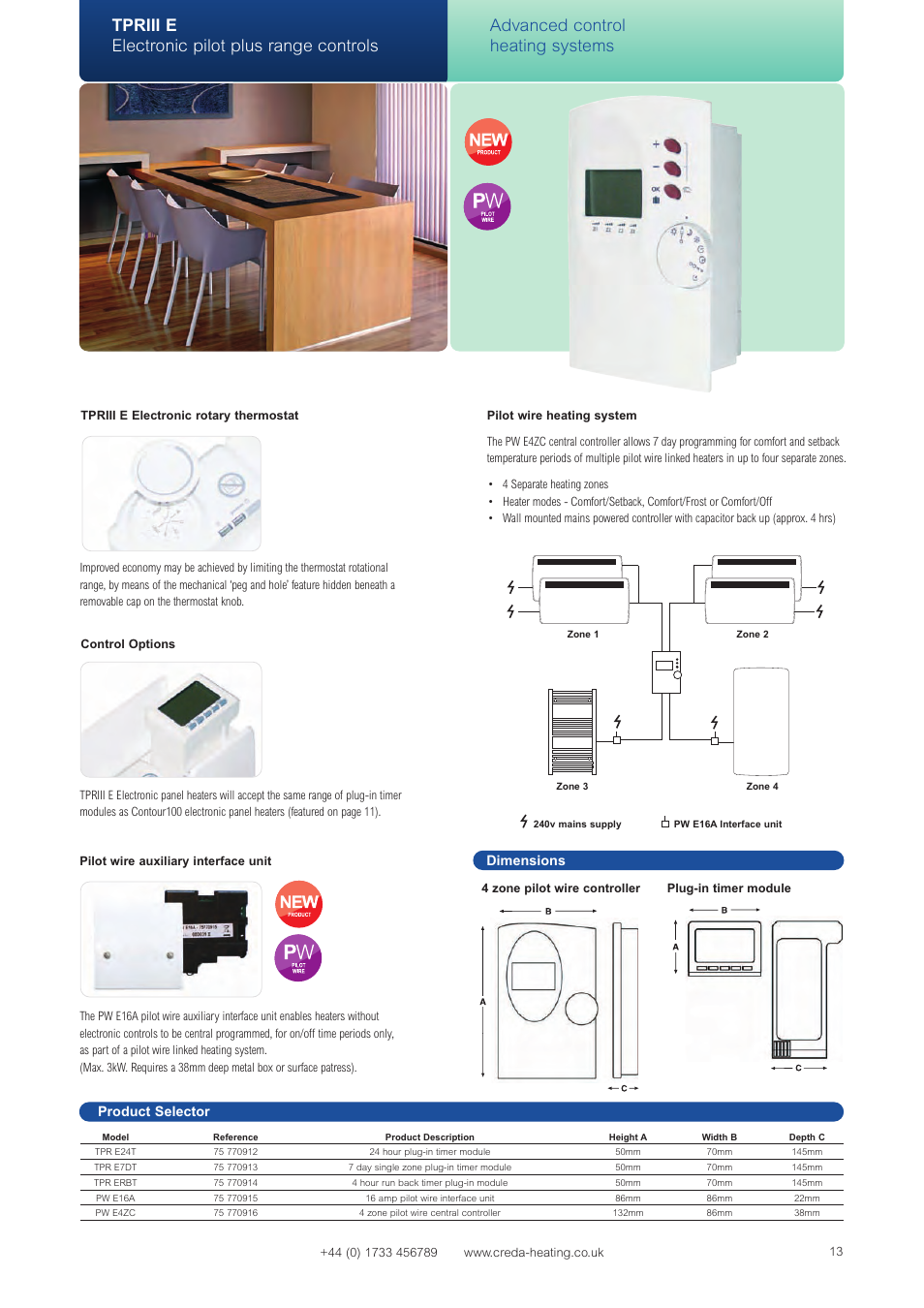 Tpriii e electronic pilot plus range controls, Advanced control heating systems, Dimensions | Product selector | Creda Advanced Control Heating Systems User Manual | Page 6 / 14