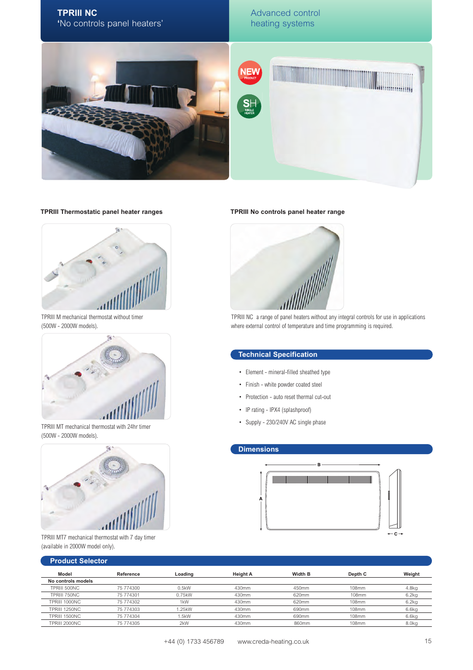 Tpriii nc ‘ no controls panel heaters, Advanced control heating systems, Product selector | Technical specification dimensions | Creda Advanced Control Heating Systems User Manual | Page 8 / 14