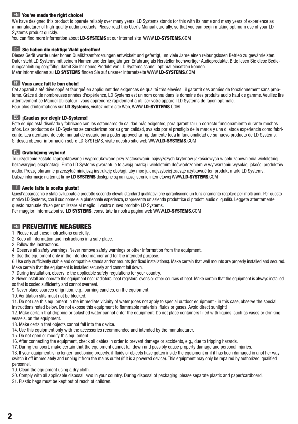 Preventive measures | LD Systems ROADBUDDY 10 User Manual | Page 2 / 60