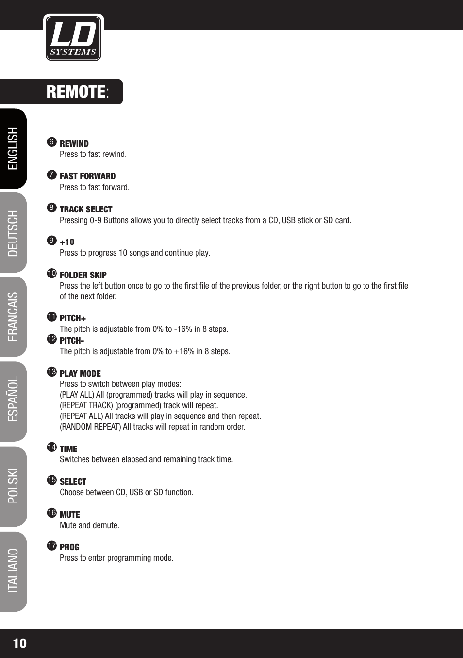 Remote | LD Systems CDMP 1 User Manual | Page 10 / 86