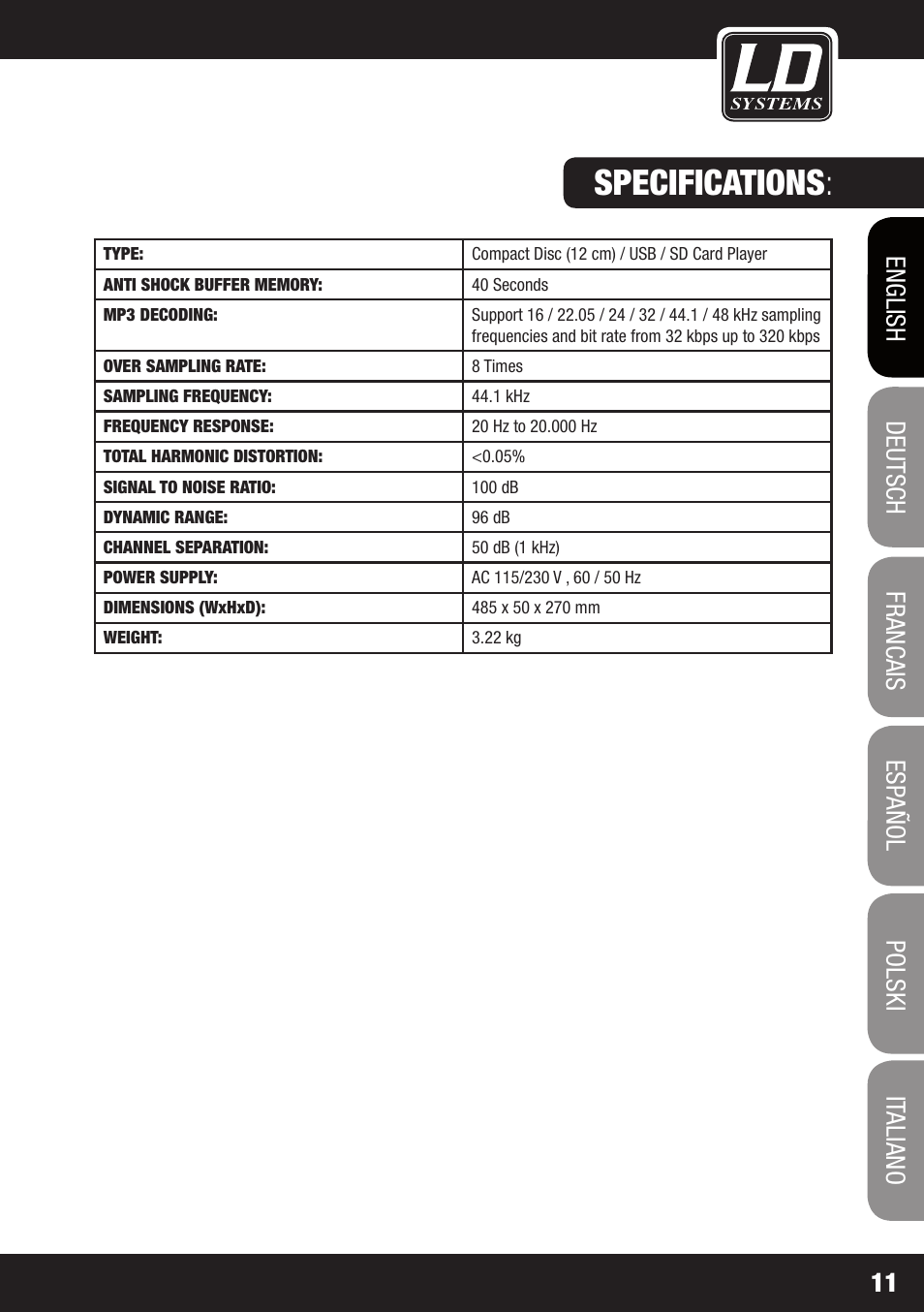 Specifications | LD Systems CDMP 1 User Manual | Page 11 / 86