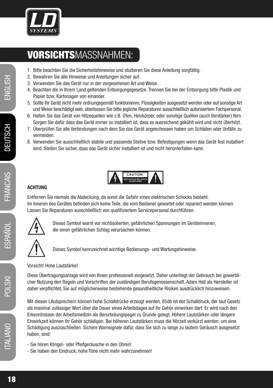 Vorsichts massnahmen | LD Systems CDMP 1 User Manual | Page 18 / 86
