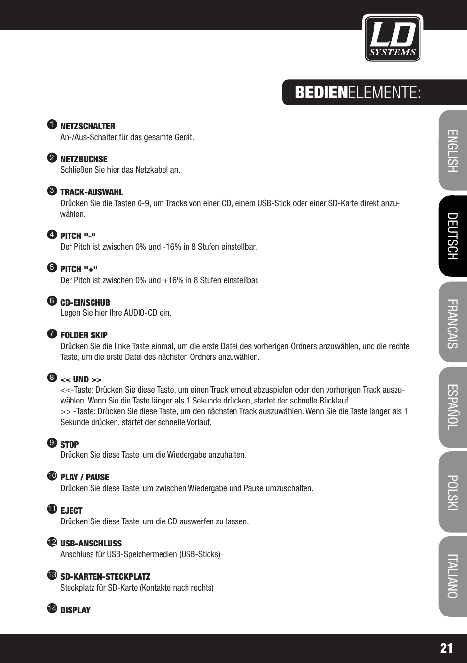 Bedien elemente | LD Systems CDMP 1 User Manual | Page 21 / 86
