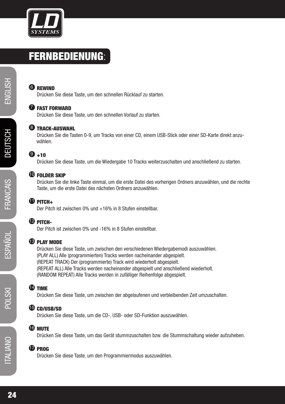 Fernbedienung | LD Systems CDMP 1 User Manual | Page 24 / 86