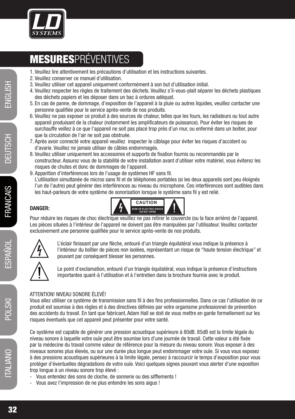 Mesures préventives | LD Systems CDMP 1 User Manual | Page 32 / 86