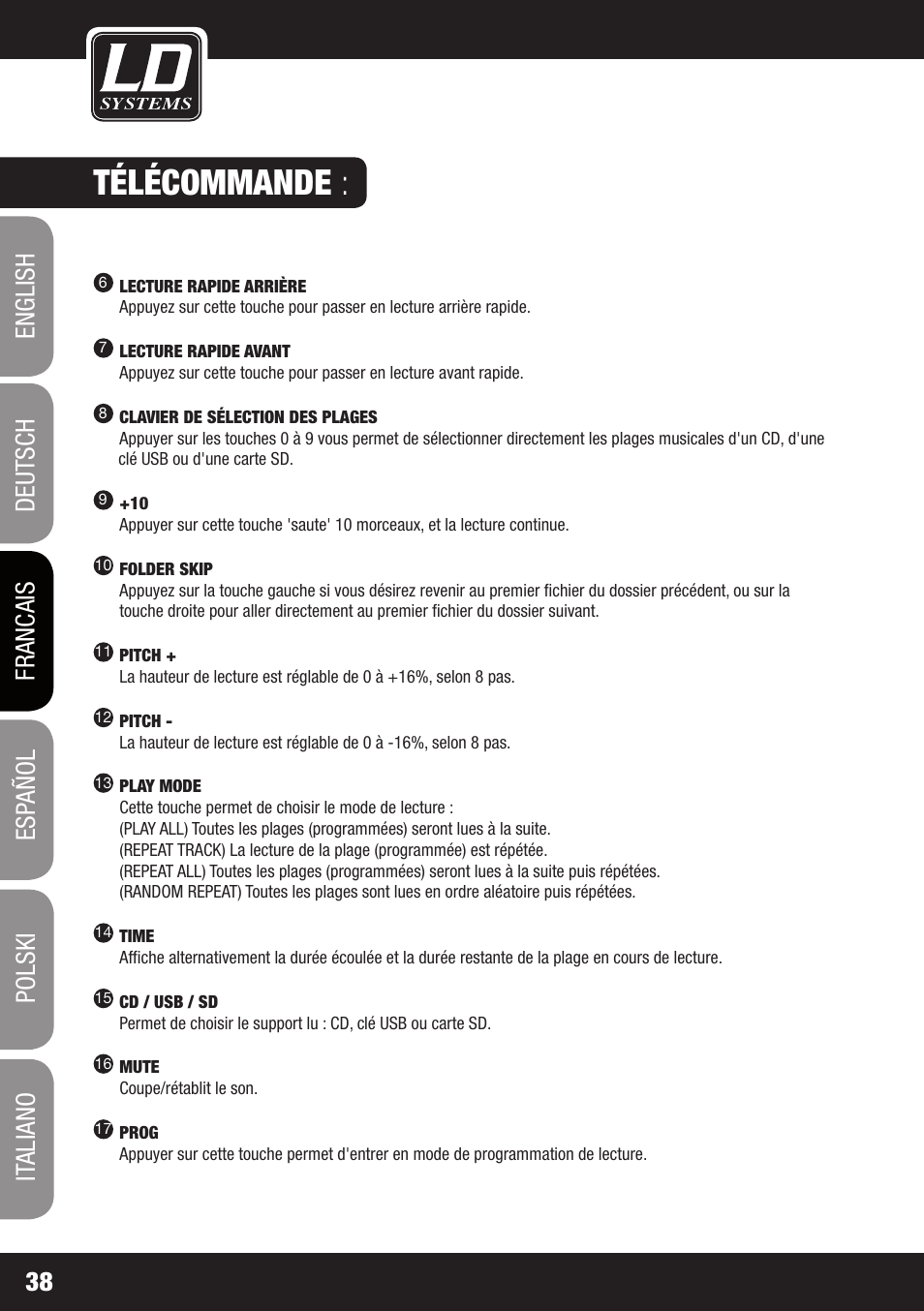 Télécommande | LD Systems CDMP 1 User Manual | Page 38 / 86
