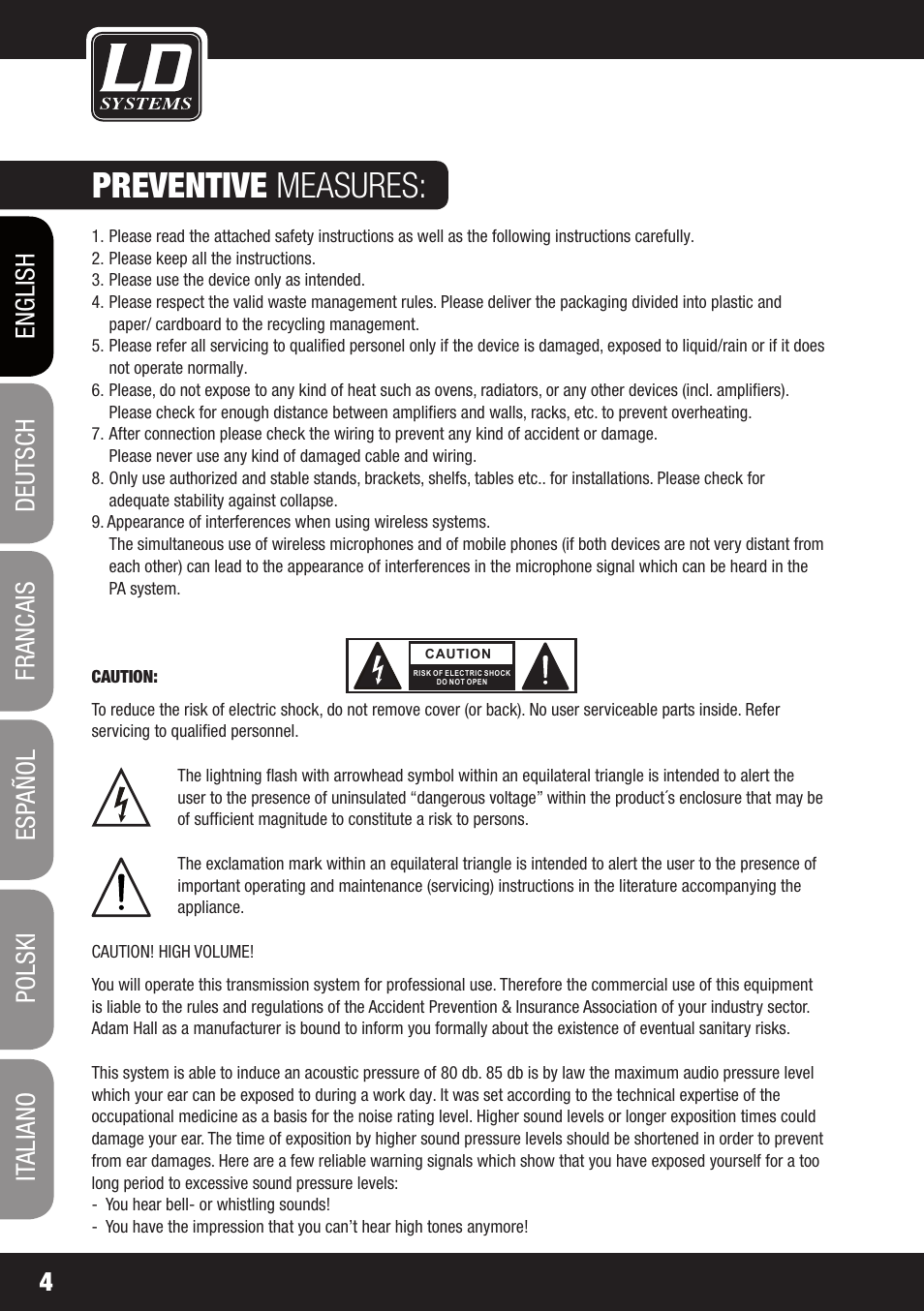 Preventive measures | LD Systems CDMP 1 User Manual | Page 4 / 86