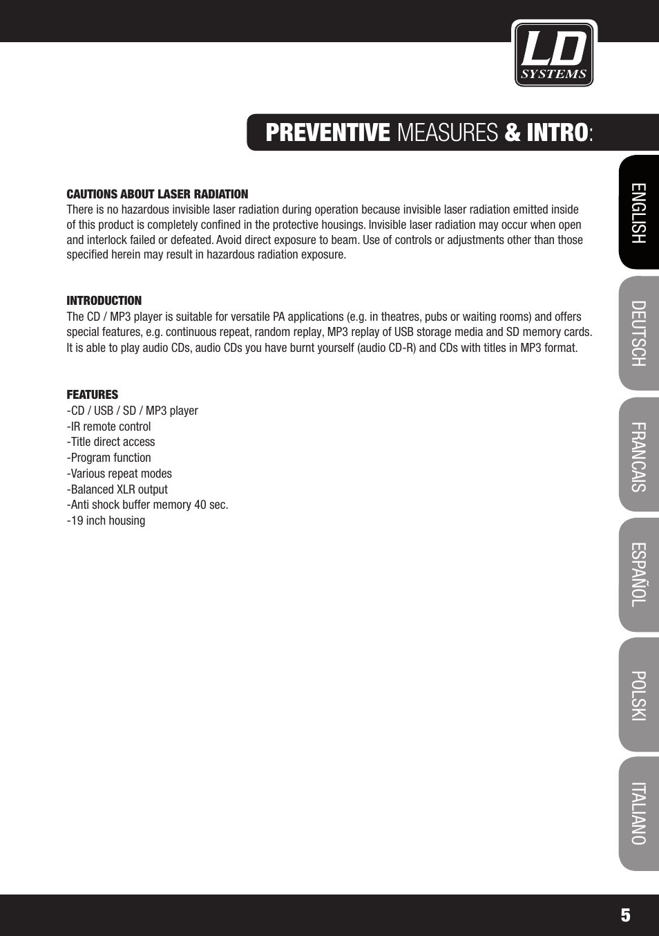 Preventive measures & intro | LD Systems CDMP 1 User Manual | Page 5 / 86