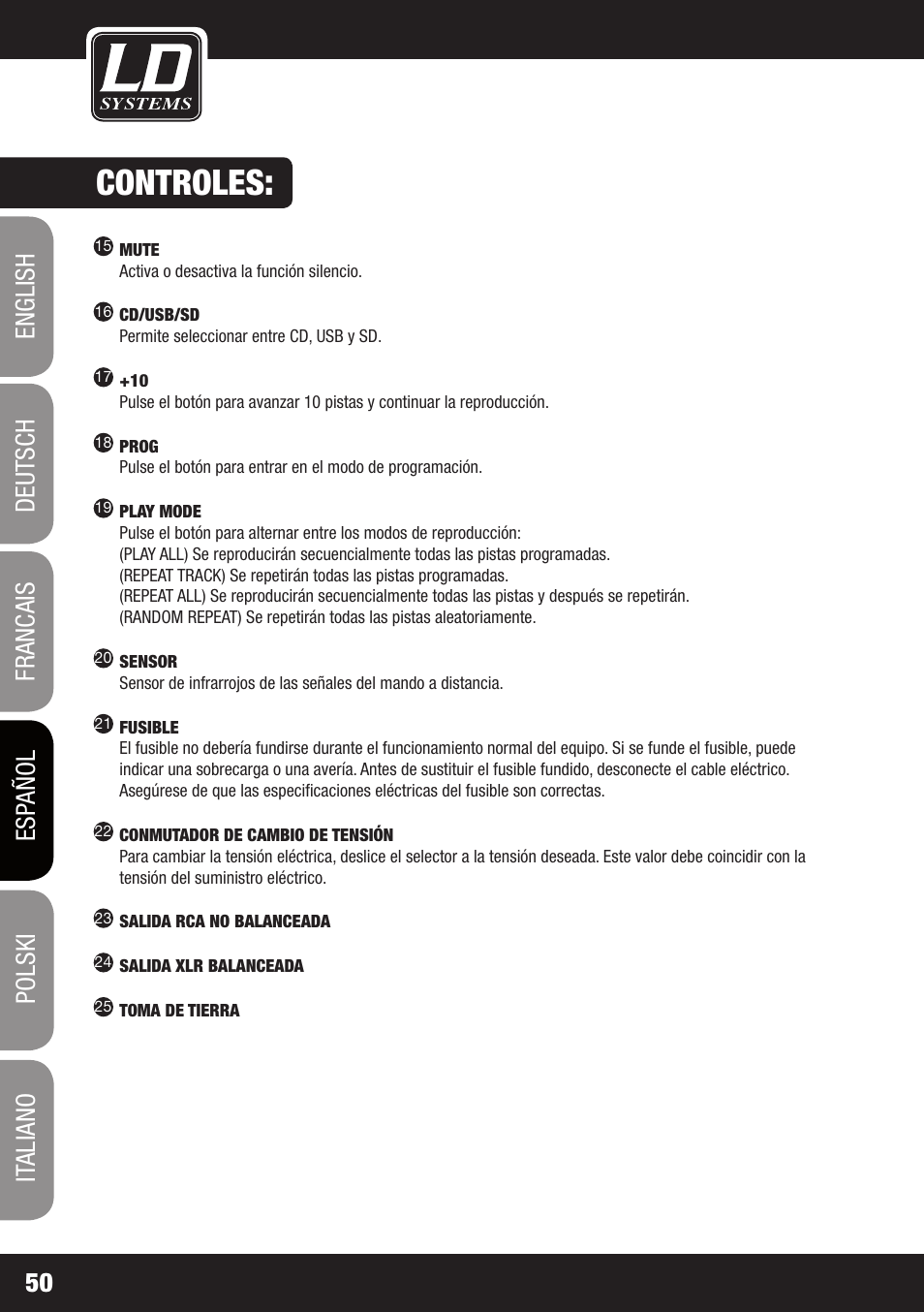 Controles | LD Systems CDMP 1 User Manual | Page 50 / 86