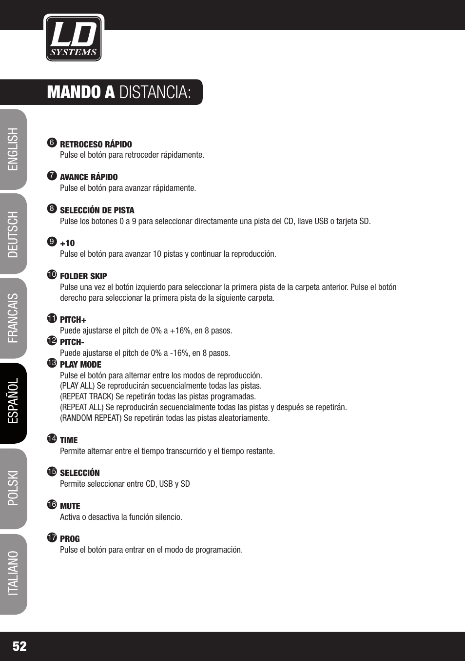 Mando a distancia | LD Systems CDMP 1 User Manual | Page 52 / 86