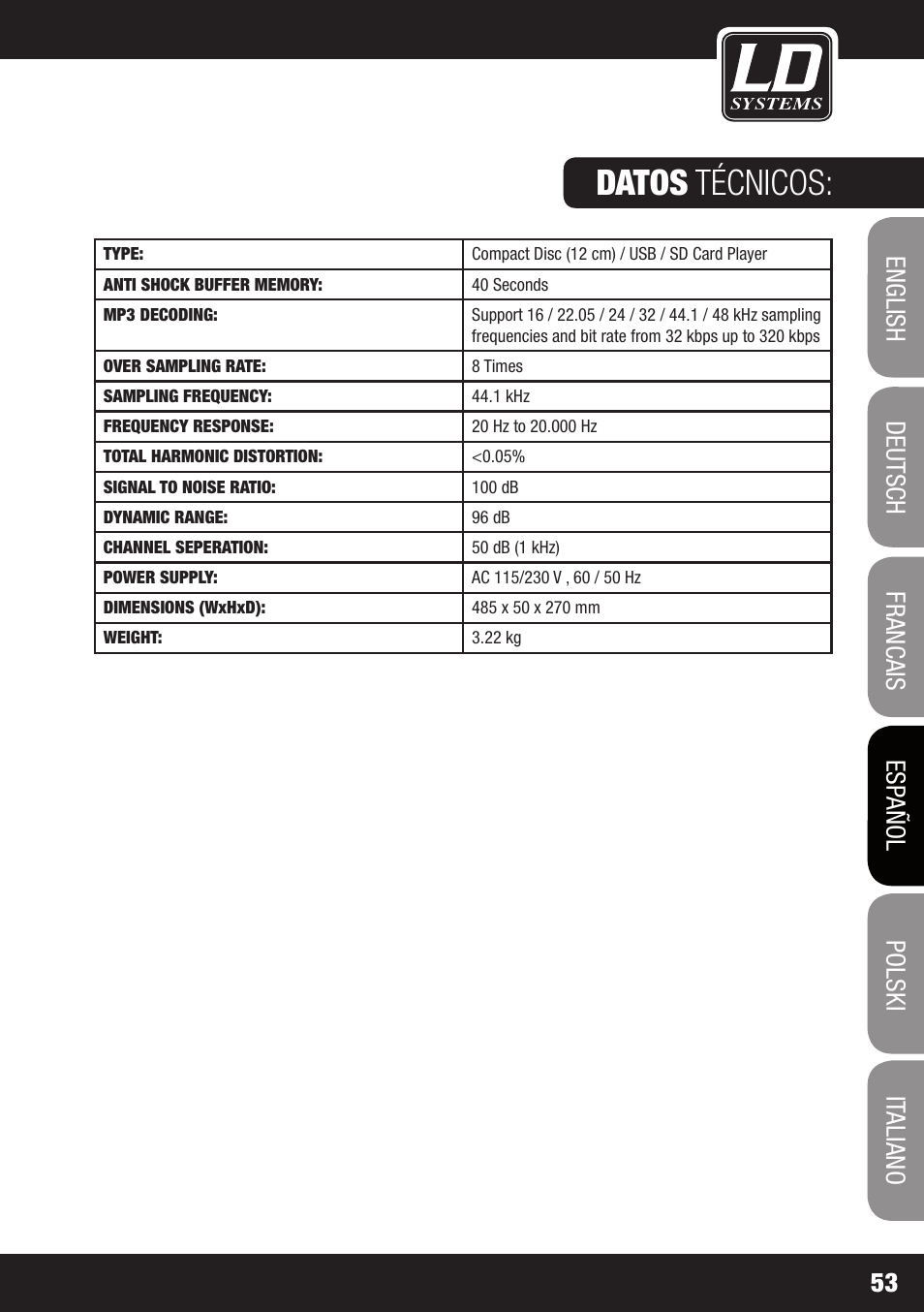 Datos técnicos | LD Systems CDMP 1 User Manual | Page 53 / 86