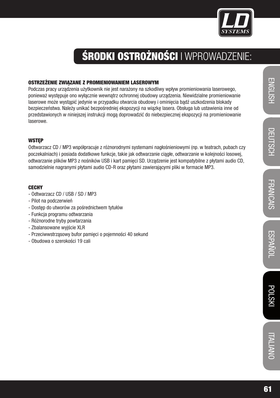 Środki ostrożności i wprowadzenie | LD Systems CDMP 1 User Manual | Page 61 / 86