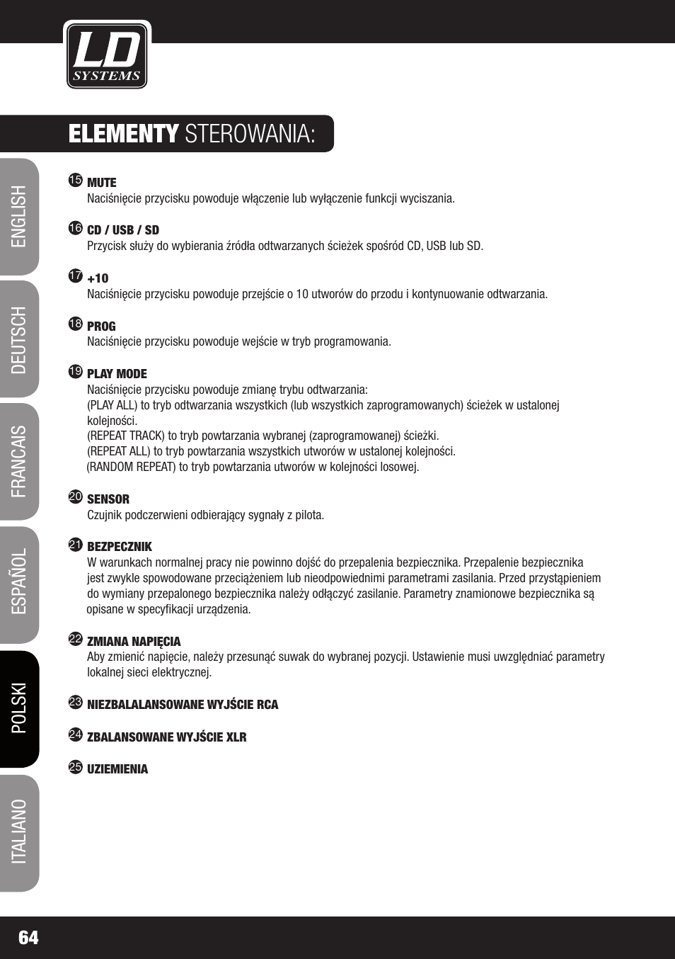 Elementy sterowania | LD Systems CDMP 1 User Manual | Page 64 / 86