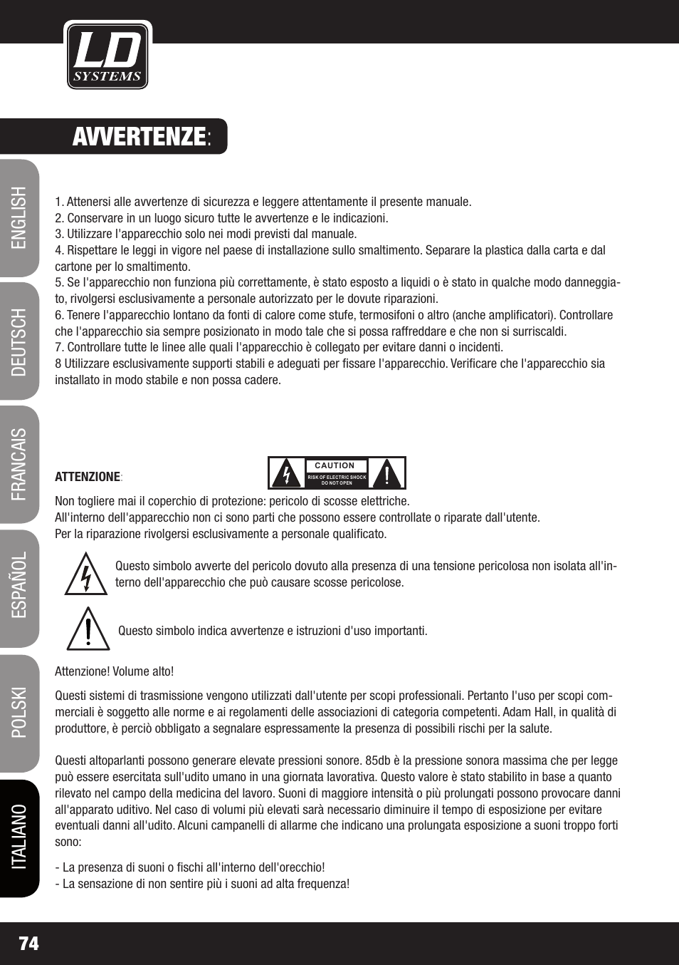 Avvertenze | LD Systems CDMP 1 User Manual | Page 74 / 86