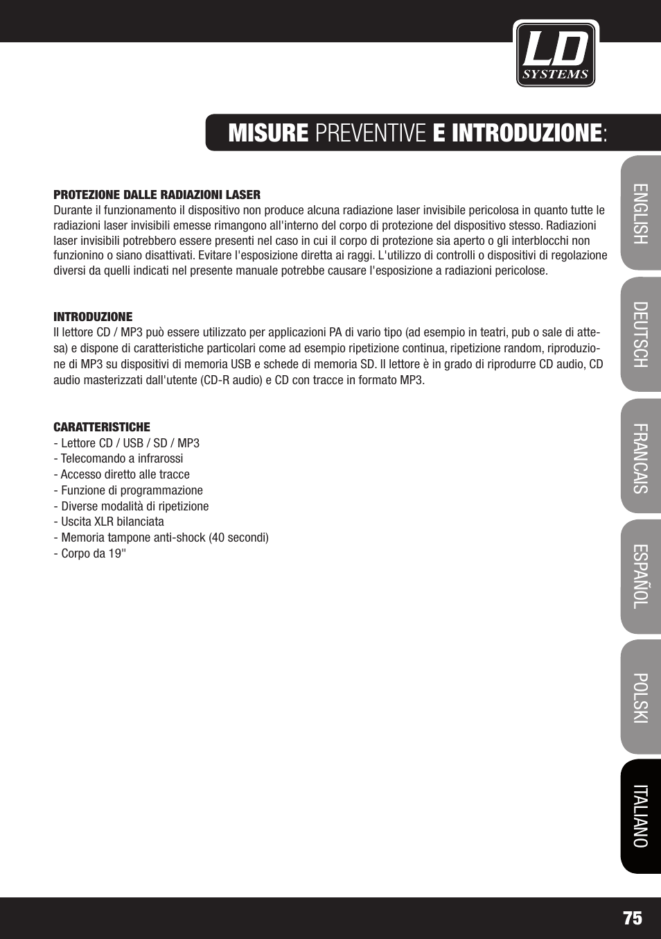 Misure preventive e introduzione | LD Systems CDMP 1 User Manual | Page 75 / 86