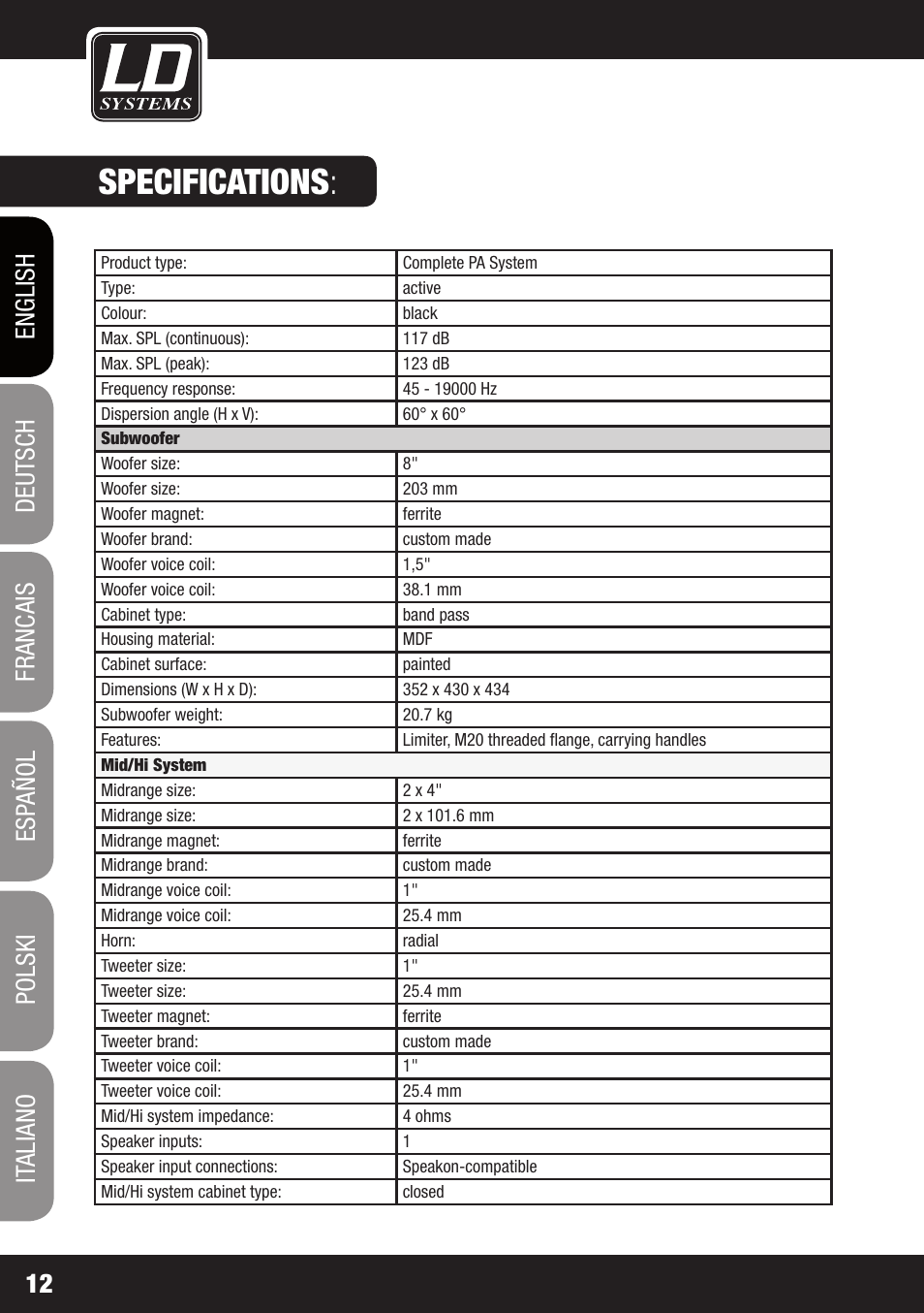 Specifications | LD Systems DAVE 8 ROADIE User Manual | Page 12 / 100