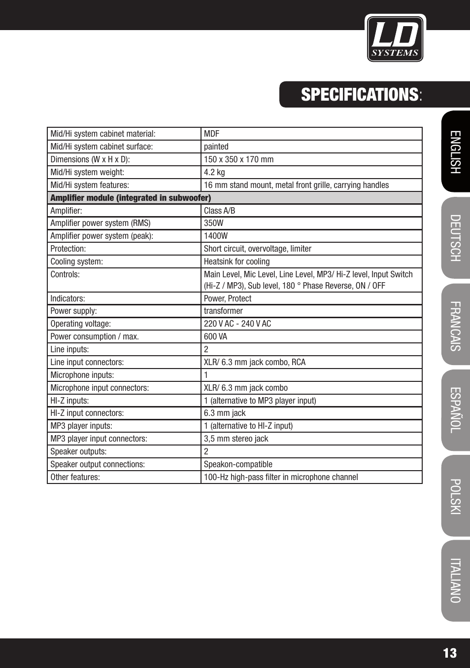 Specifications | LD Systems DAVE 8 ROADIE User Manual | Page 13 / 100