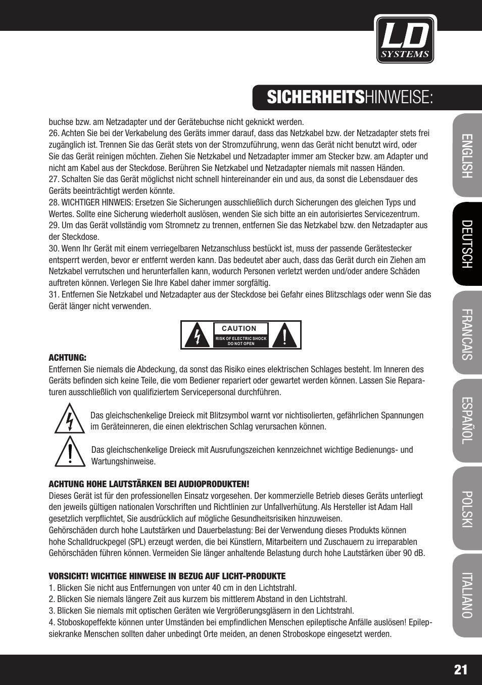 Sicherheits hinweise | LD Systems DAVE 8 ROADIE User Manual | Page 21 / 100