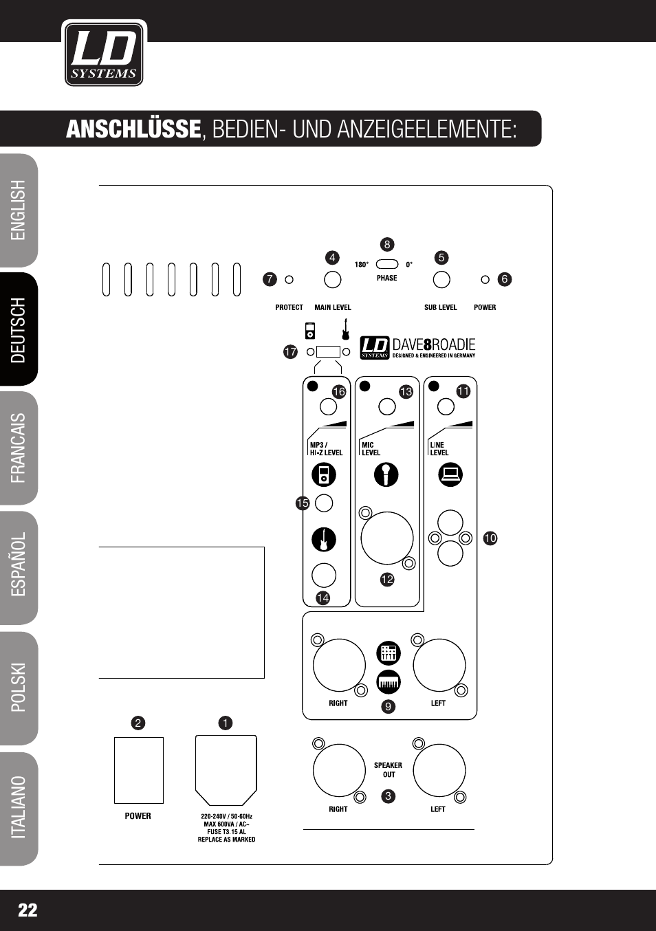 Anschlüsse , bedien- und anzeigeelemente | LD Systems DAVE 8 ROADIE User Manual | Page 22 / 100