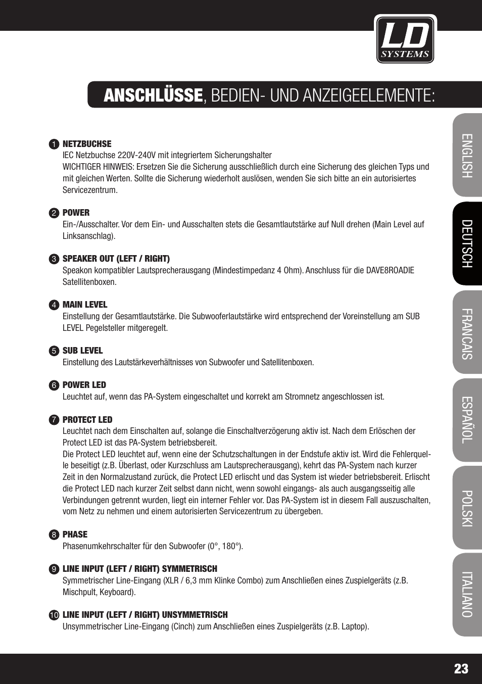 Anschlüsse , bedien- und anzeigeelemente | LD Systems DAVE 8 ROADIE User Manual | Page 23 / 100