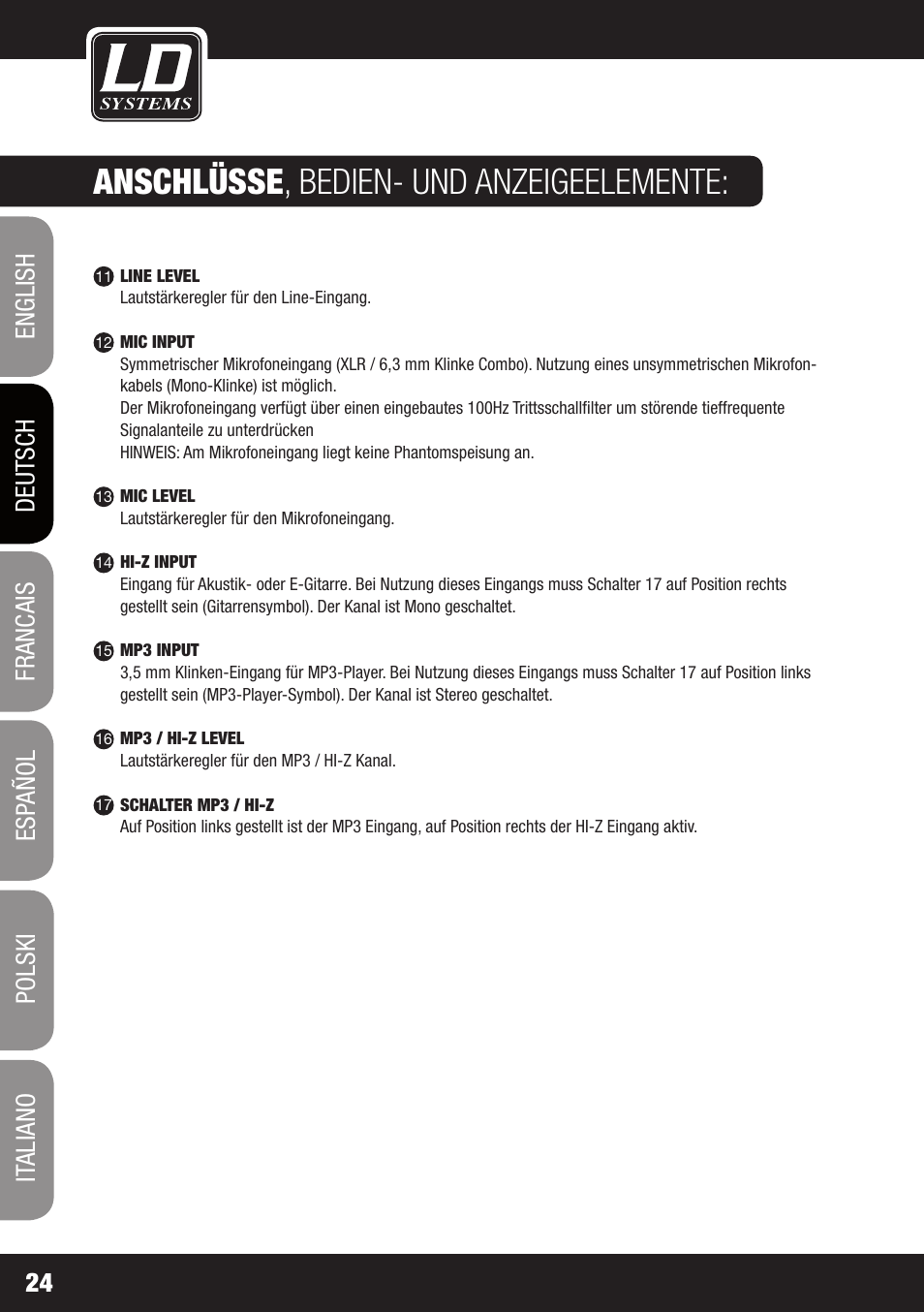 Anschlüsse , bedien- und anzeigeelemente | LD Systems DAVE 8 ROADIE User Manual | Page 24 / 100