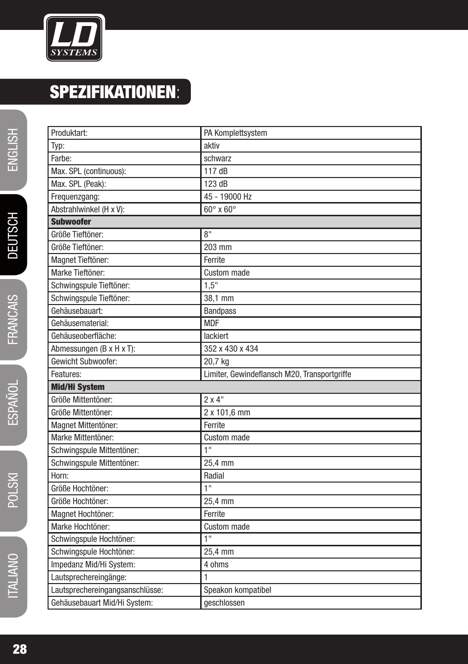 Spezifikationen | LD Systems DAVE 8 ROADIE User Manual | Page 28 / 100