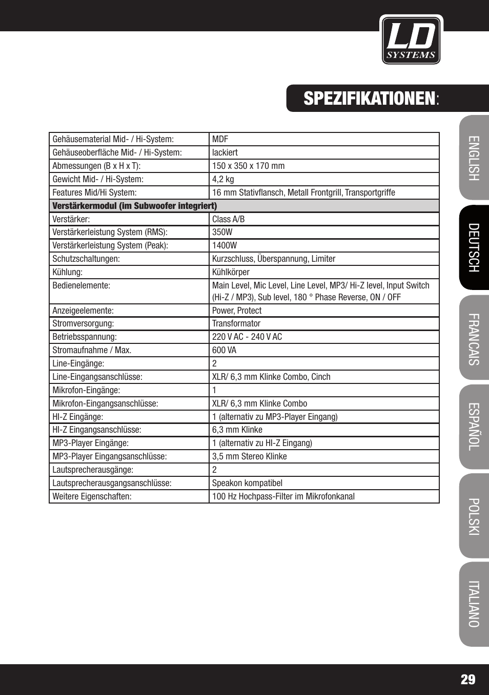 Spezifikationen | LD Systems DAVE 8 ROADIE User Manual | Page 29 / 100