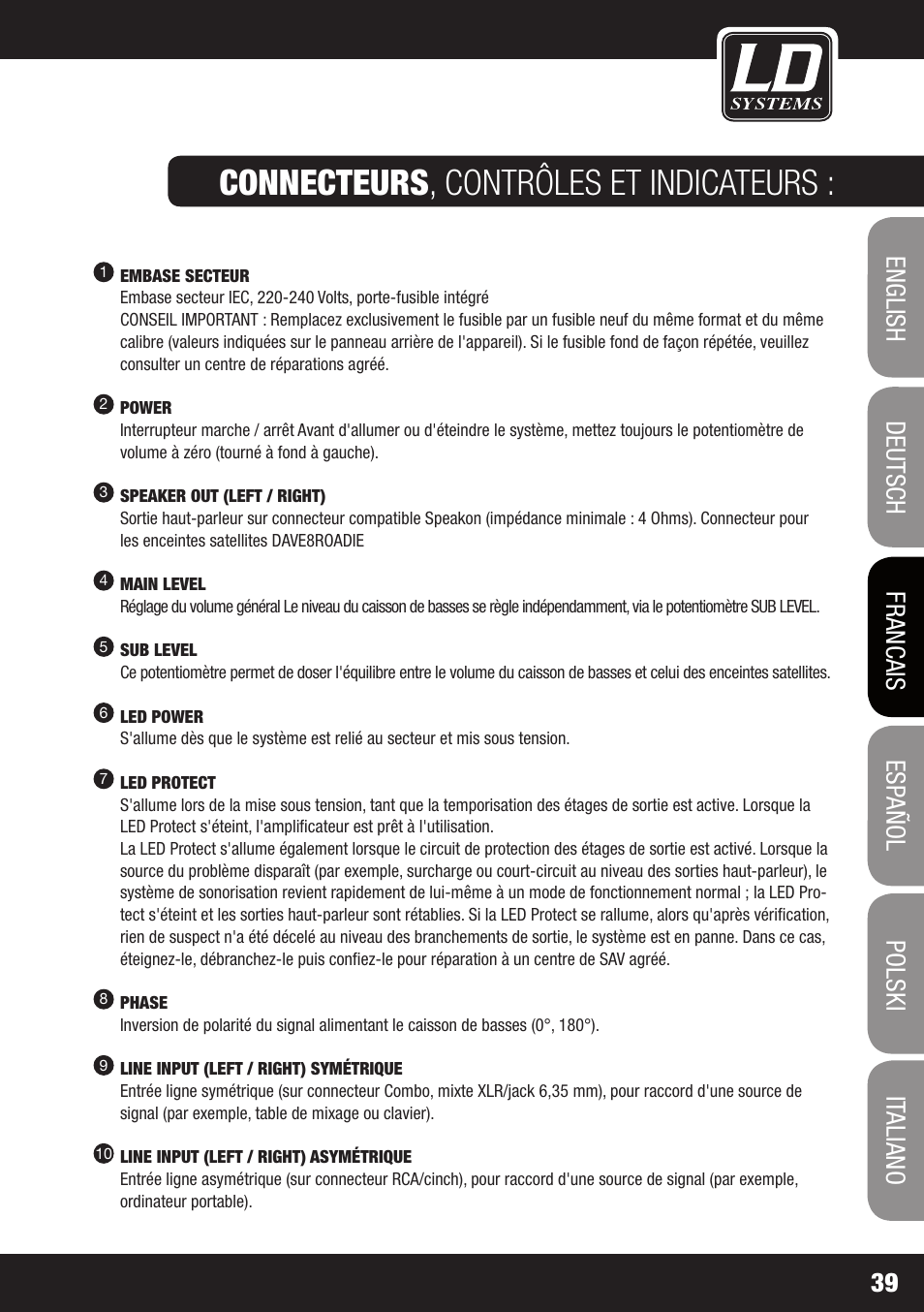 Connecteurs , contrôles et indicateurs | LD Systems DAVE 8 ROADIE User Manual | Page 39 / 100