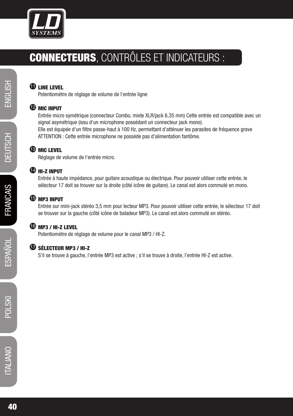 Connecteurs , contrôles et indicateurs | LD Systems DAVE 8 ROADIE User Manual | Page 40 / 100