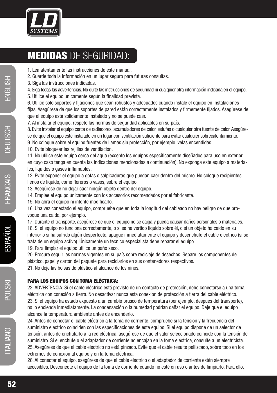 Medidas de seguridad | LD Systems DAVE 8 ROADIE User Manual | Page 52 / 100