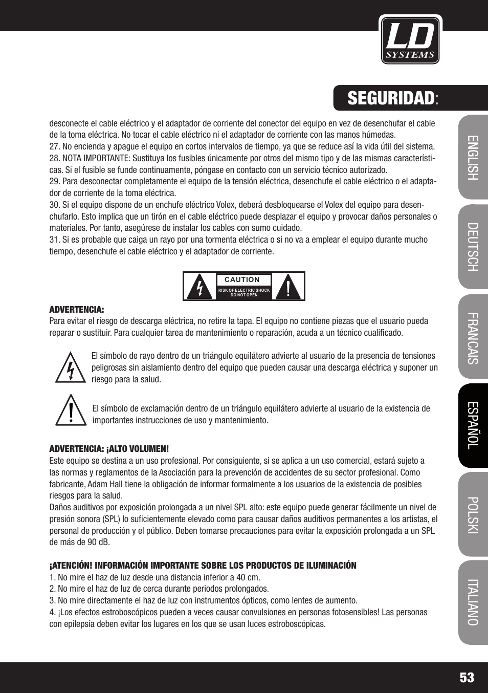 Seguridad | LD Systems DAVE 8 ROADIE User Manual | Page 53 / 100