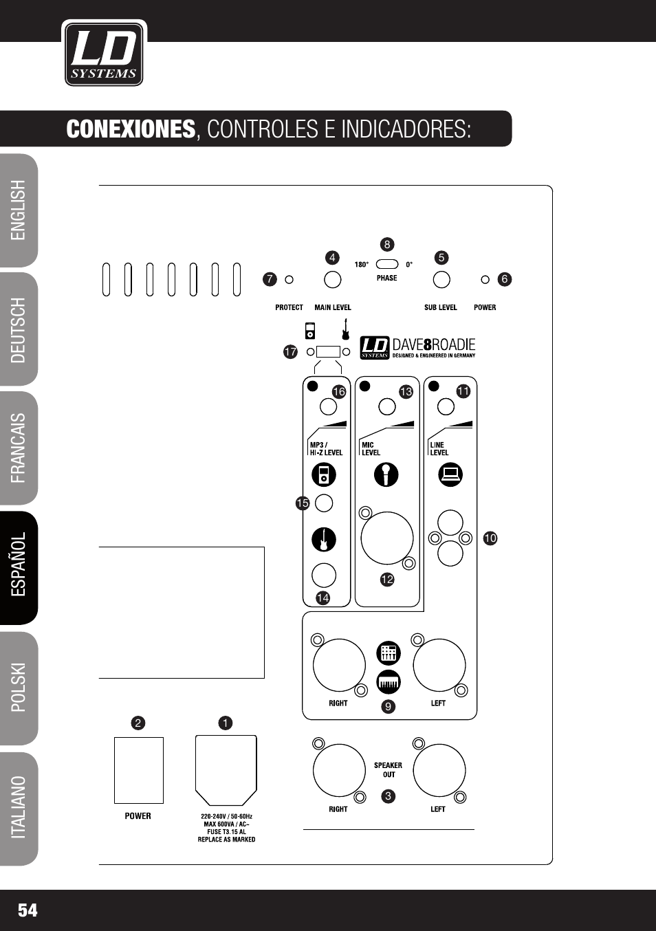 Conexiones , controles e indicadores | LD Systems DAVE 8 ROADIE User Manual | Page 54 / 100