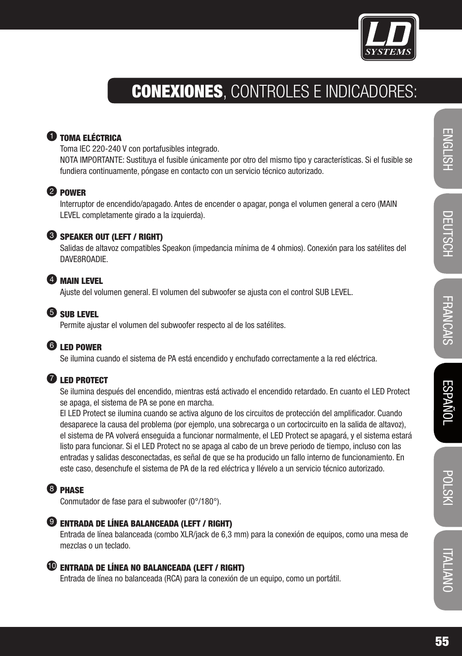 Conexiones , controles e indicadores | LD Systems DAVE 8 ROADIE User Manual | Page 55 / 100