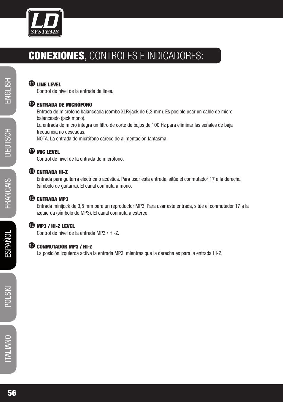 Conexiones , controles e indicadores | LD Systems DAVE 8 ROADIE User Manual | Page 56 / 100