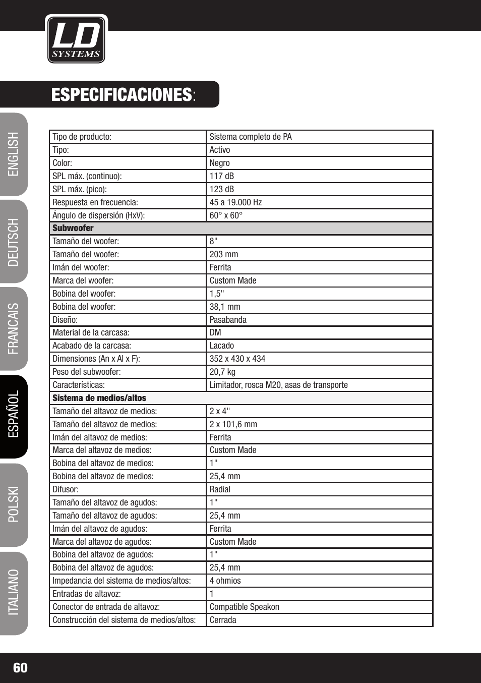 Especificaciones | LD Systems DAVE 8 ROADIE User Manual | Page 60 / 100