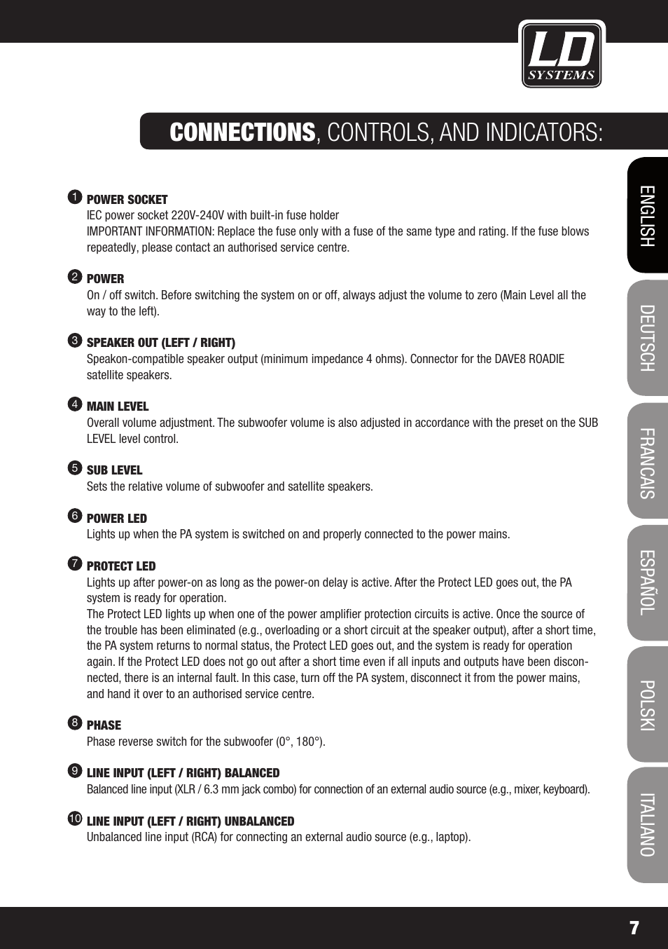 Connections , controls, and indicators | LD Systems DAVE 8 ROADIE User Manual | Page 7 / 100