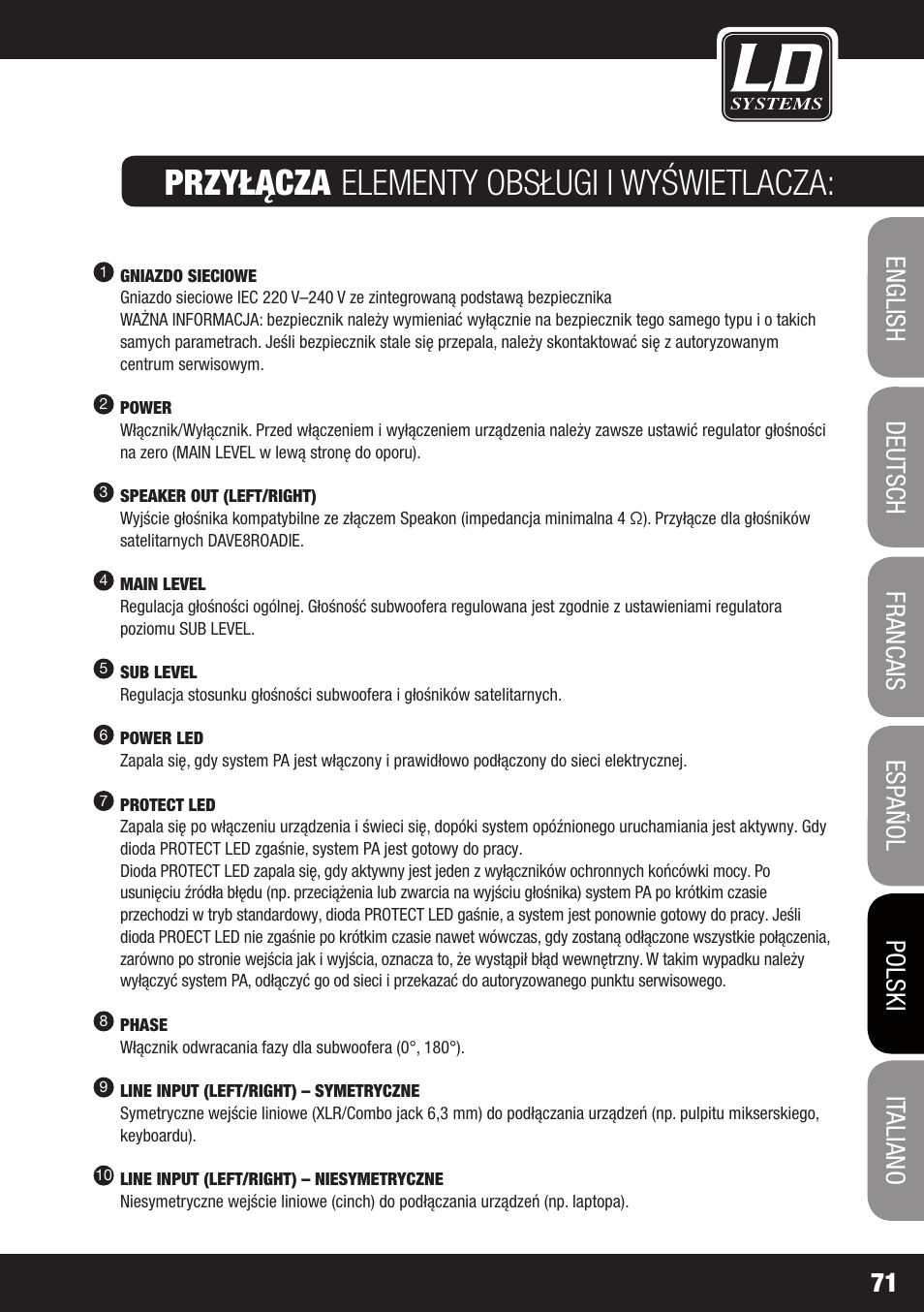 Przyłącza, Elementy obsługi i wyświetlacza | LD Systems DAVE 8 ROADIE User Manual | Page 71 / 100