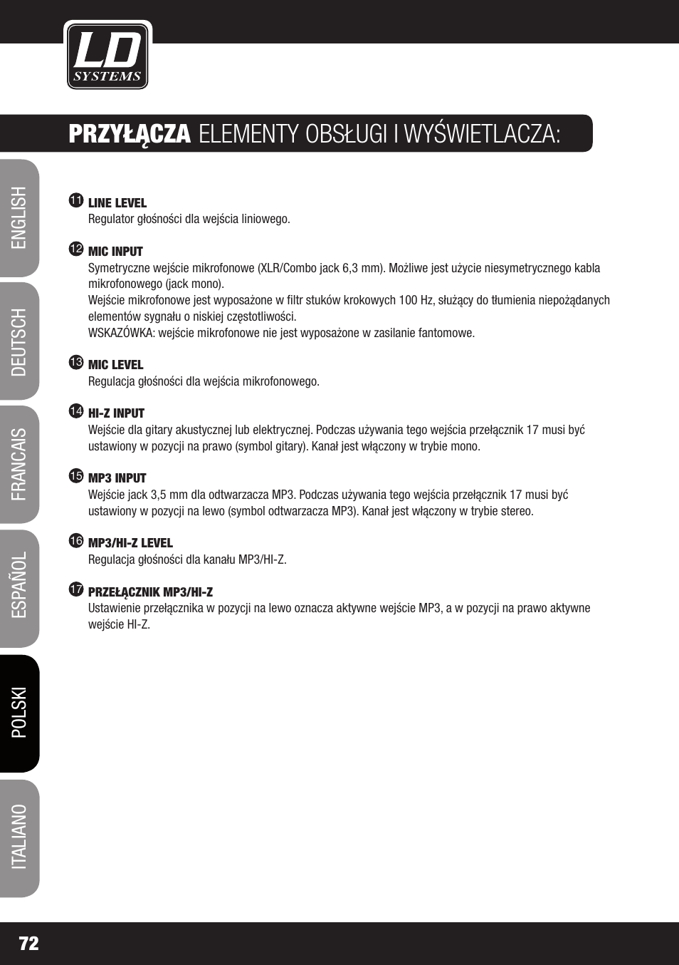 Przyłącza, Elementy obsługi i wyświetlacza | LD Systems DAVE 8 ROADIE User Manual | Page 72 / 100