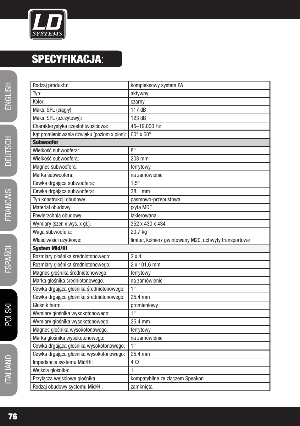 Specyfikacja | LD Systems DAVE 8 ROADIE User Manual | Page 76 / 100
