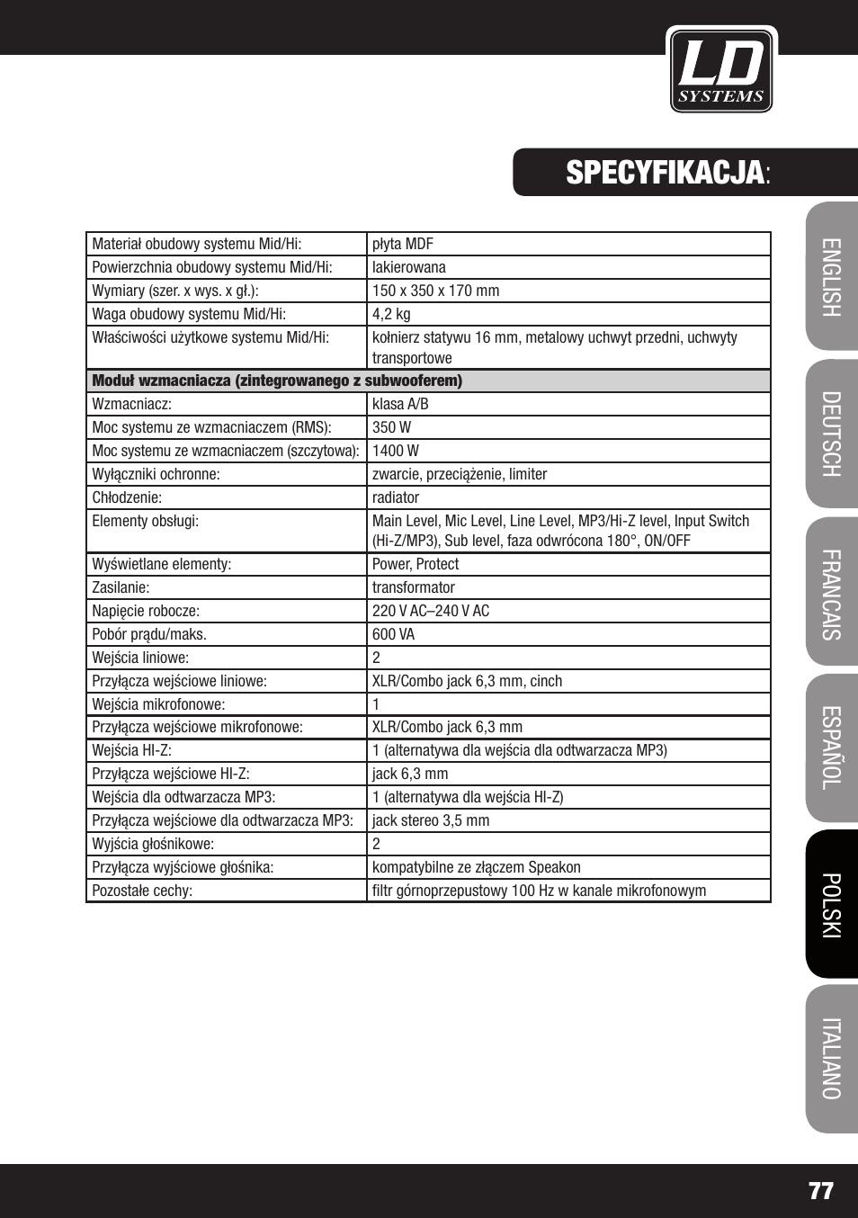 Specyfikacja | LD Systems DAVE 8 ROADIE User Manual | Page 77 / 100