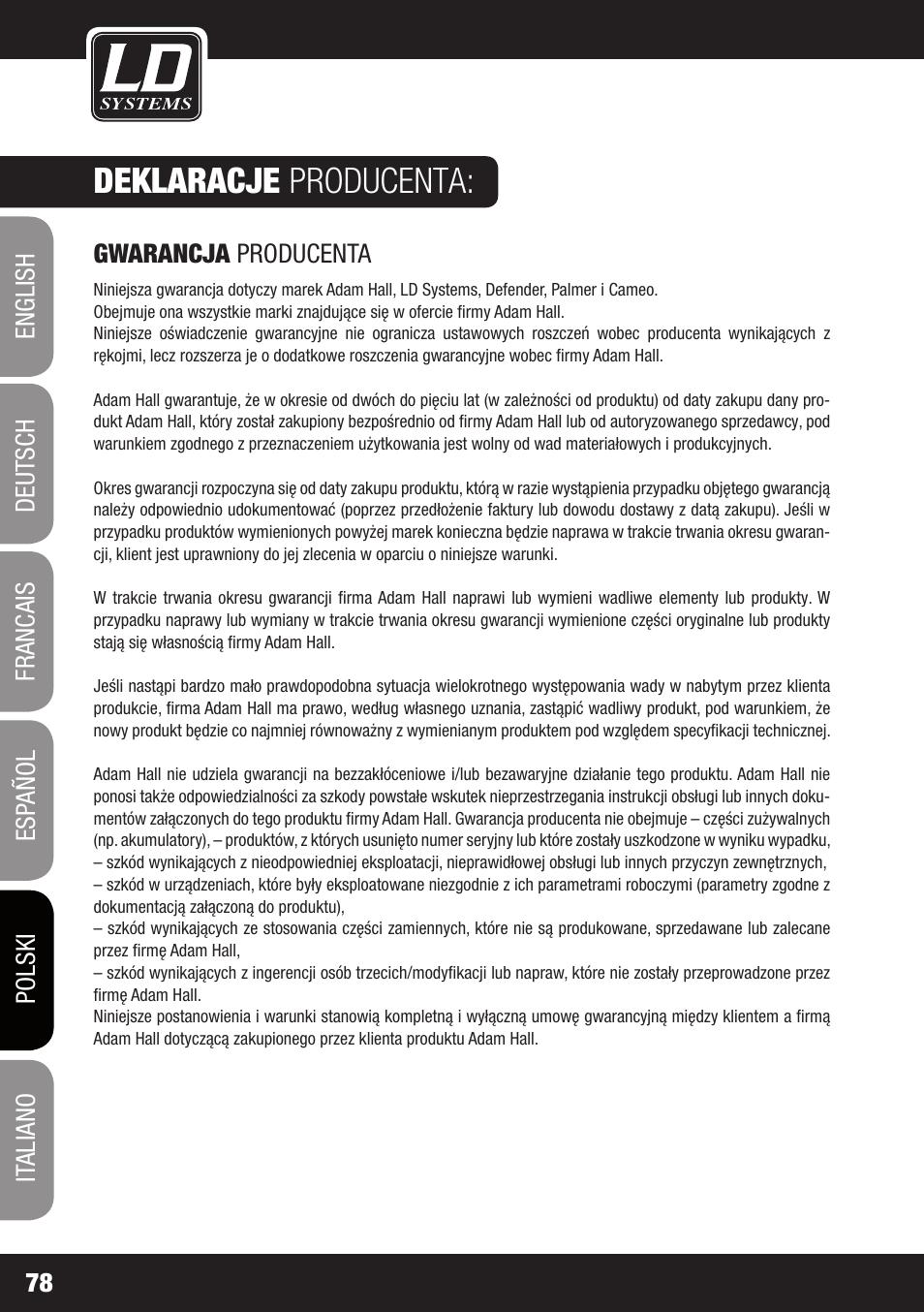 Deklaracje producenta | LD Systems DAVE 8 ROADIE User Manual | Page 78 / 100