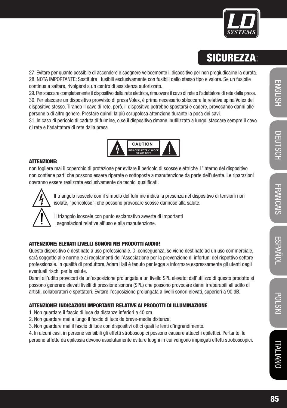 Sicurezza | LD Systems DAVE 8 ROADIE User Manual | Page 85 / 100