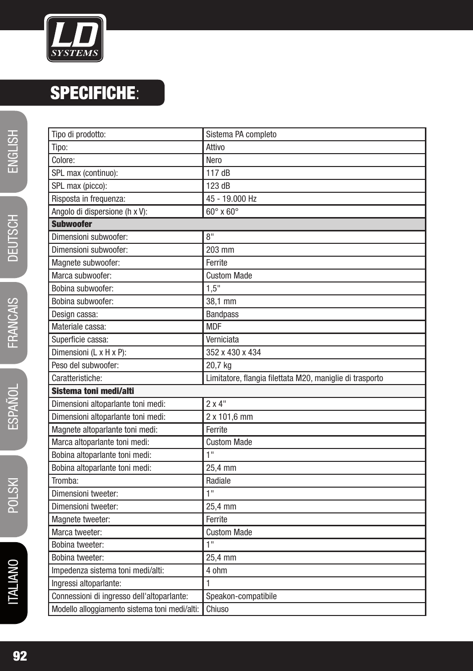 Specifiche | LD Systems DAVE 8 ROADIE User Manual | Page 92 / 100