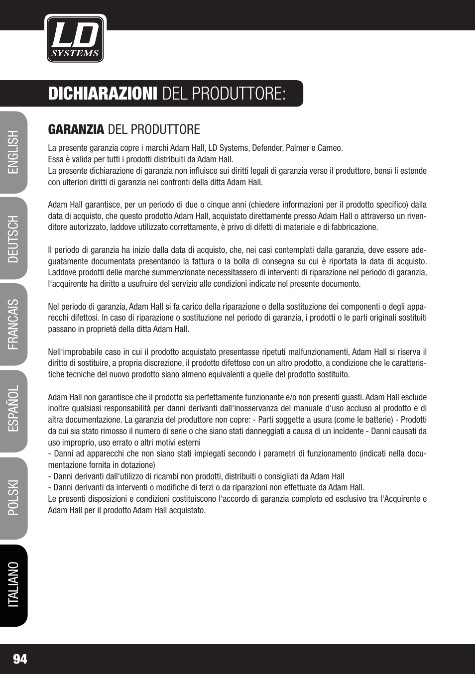 Dichiarazioni del produttore | LD Systems DAVE 8 ROADIE User Manual | Page 94 / 100