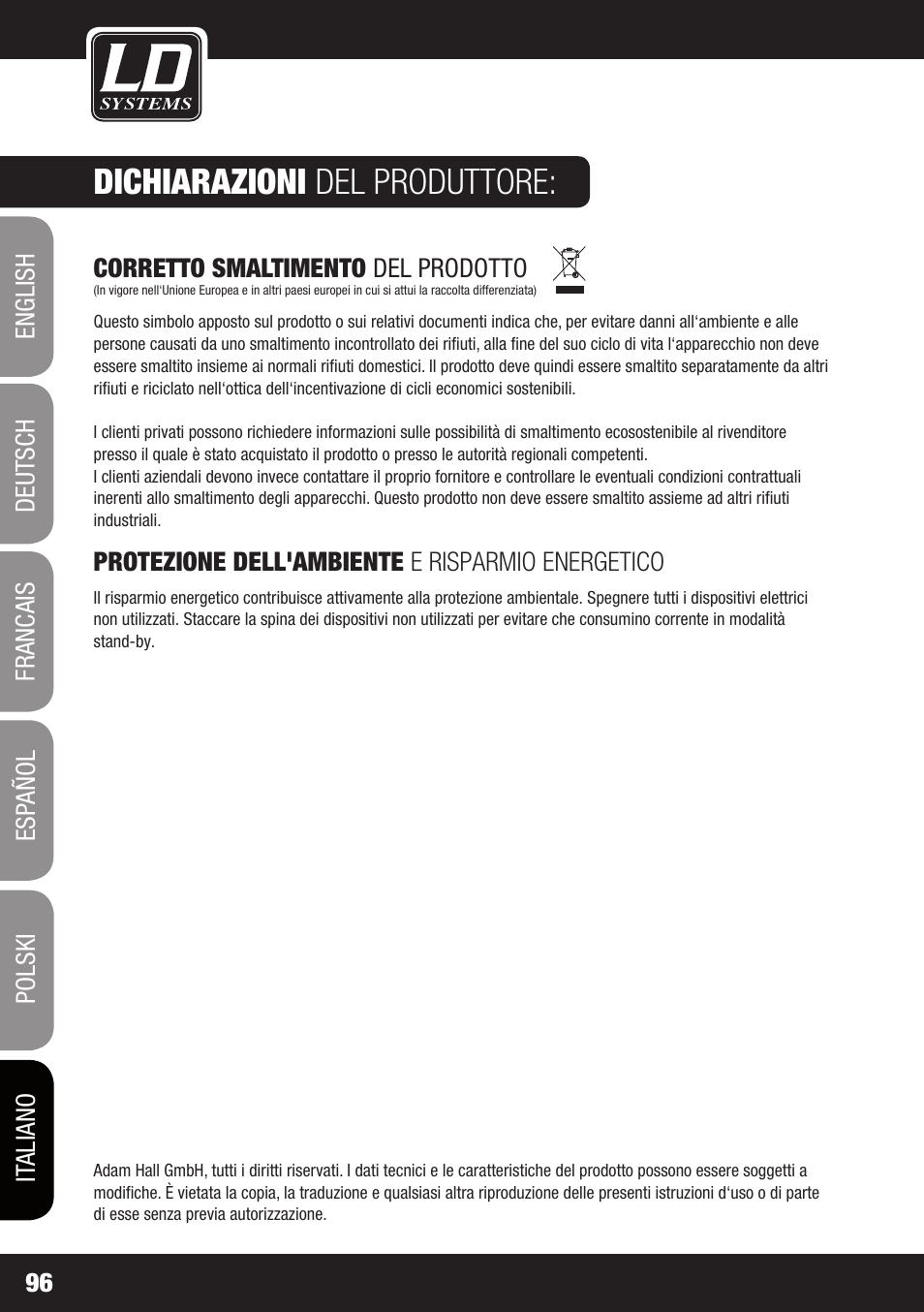 Dichiarazioni del produttore | LD Systems DAVE 8 ROADIE User Manual | Page 96 / 100